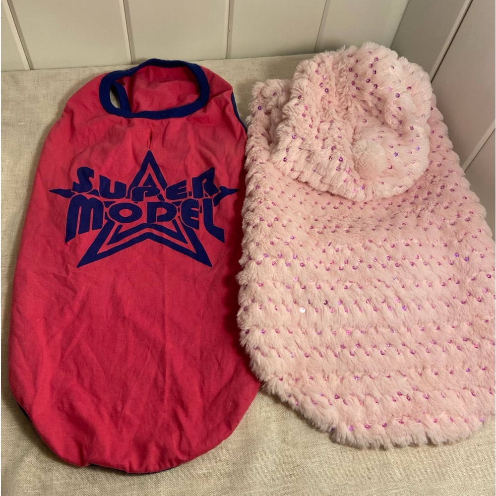 Dog Clothes L Large Pink Sequin Hoodie Coat Super Model T-shirt 2 outfit LOT